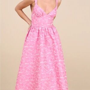 Lulu's Rudra Pink Floral Jacquard A-Line Backless Midi Dress